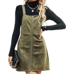 Cupshe Bethel Faux Suede O-Ring Pinafore Mini Dress Army Green Sz L NWT